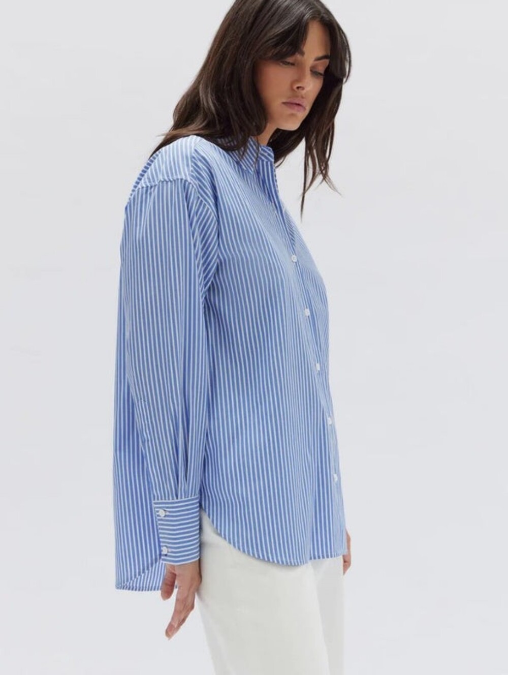 Assembly Label Blue and White Vertical Stripe Button-Up Shirt